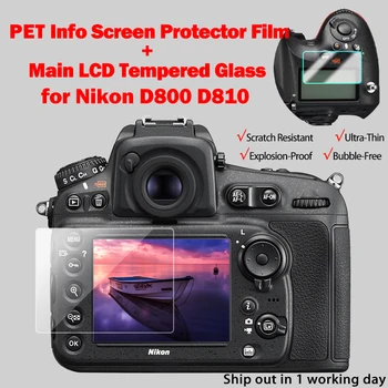 par Nikon D800 D810 Kameras Rūdīta Aizsardzības pašlīmējošas Stikla Galvenais LCD Displejs + Filma Info Ekrāna Aizsargs Aizsargs Vāciņu