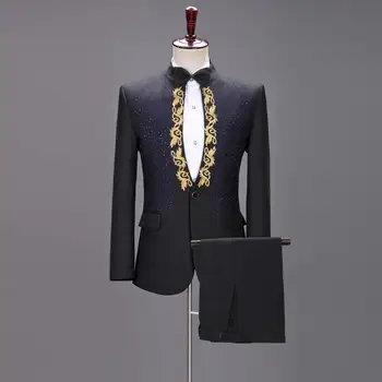DV039 Vintage Vīriešu Uzvalku 2gab Modes Pleds pieguļoša Žakete+Bikses Biznesa Kāzu Tērpu Baltā, Melnā, Zilā Kristāla Aplikācijas
