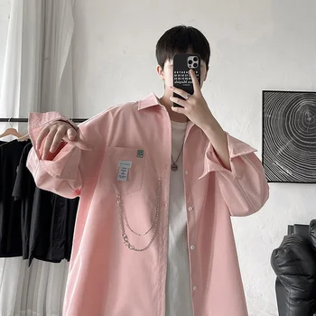 Lielgabarīta Krekls Vīriešiem Streetwear garām Piedurknēm Harajuku Ķēdes Modes Vīriešu Krekli korejas Apģērbu Zīmolu Vīriešu Apģērbi