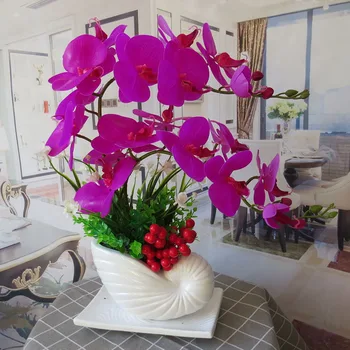 Mākslas mīlestību: Phalaenopsis imitācija ziedu kopu orhideju podos dzīvojamās istabas galda rotājumi, iekštelpu apdares ziedi