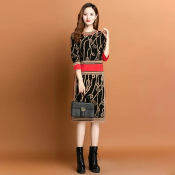 2023 Melni Raibs Svītrainu Trikotāžas-Adītas Kokvilnas Midi Kleita Sievietēm Korejas Vintage Džemperis Kleitas Rudens Ziemas Biezs Silts Vestidos