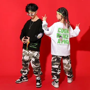 Mazulis Kpop Hip Hop Apģērba Izdrukāt sporta Krekls Top Maskēties Streetwear Taktiskās Kravas Bikses Meitenēm Zēniem Deju Tērpu Apģērbs
