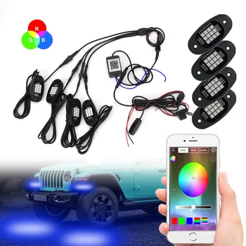 4 1 Auto Atmosfēru Lampas Bluetooth APP Kontroles RGB LED Rock Apgaismojums Ūdensnecaurlaidīgs Underglow Gaismas, Džipu Kravas automašīnu SUV bezceļa
