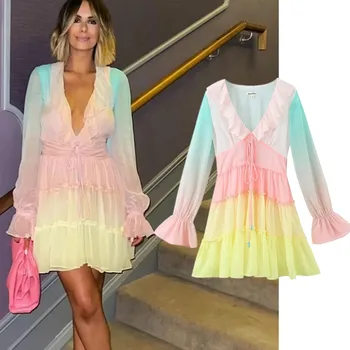 Maxdutti Ins Blogger Fashion Rainbow Krāsainiem Ruffles Kleita ar V-veida kakla Pārsējs Šifona Mini Kleita Sievietēm