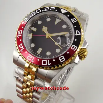 40mm Bliger black sterilā skalu sapphire kristāla GMT automātiskā ss mens watch
