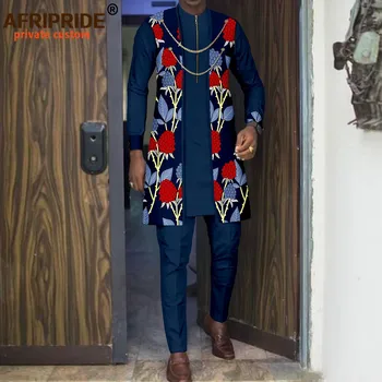 Āfrikas Apģērbi Vīriešiem Divas Ķēdes Zip Jaka, Krekli un Ankaras Bikses 3 Piece Set Print Tērpiem Kāzu Vakara A2216004
