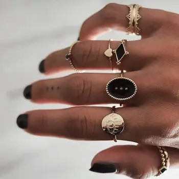 Bohemian Vienkārši Midi Šarnīrs Gredzenu Komplektu Vintage Monētas Sirds Melns Akmens Pirkstu Paaugstināma Gredzenu Komplekts Grieztie Nagu Meitene Retro Rotaslietas