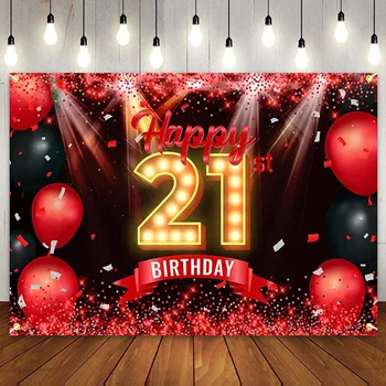 Laimīgs 21. Dzimšanas dienas Fons Puse Galda Banner 21 Gadu Vecs Melns Sarkans Uzmanības centrā Sequin Fotogrāfijas Fona Meitenēm, Sievietēm